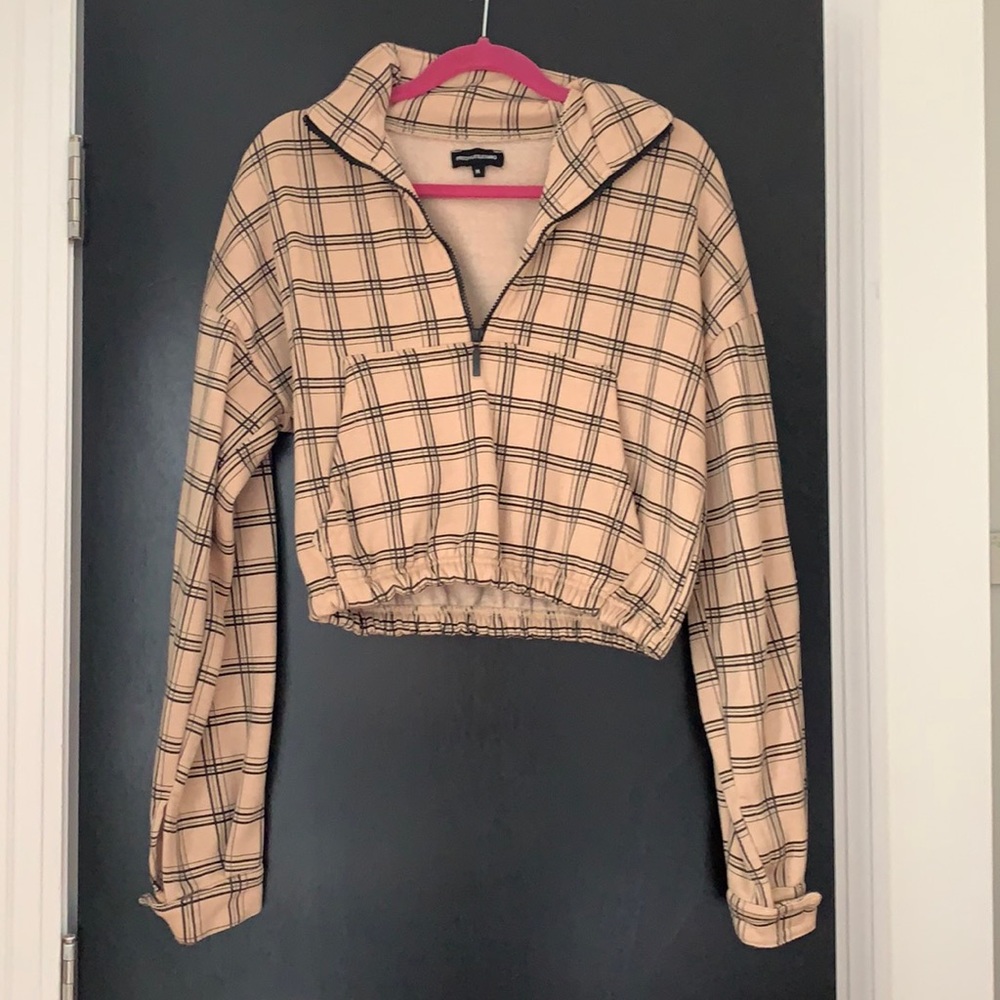 PLT cropped flannel printed quarter zip